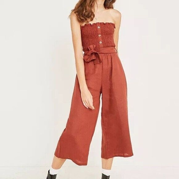 Faithful The Brand Lais Jumpsuit Plain Sangria Linen Smock Strapless Jumpsuit - Picture 1 of 13